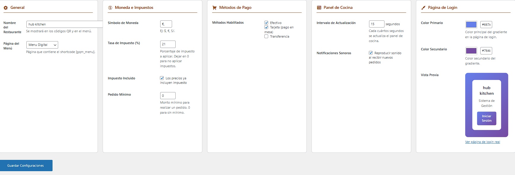 Formulario de configuracion con todas las opciones